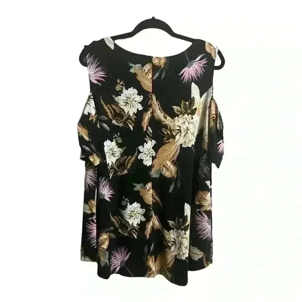 🆕City Chic Black Floral Cold Shoulder Print Top - Picture 5 of 13